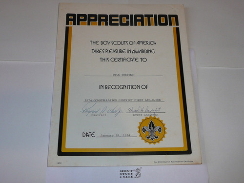 1973 District Appreciation Certificate, presented