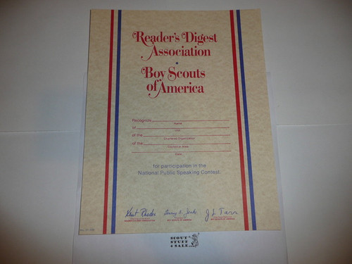 1970's Reader's Digest/BSA National Public Speaking Program Certificate, blank