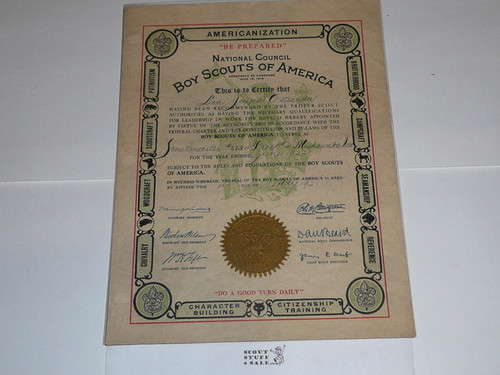 1921 Scoutmaster Warrant Certificate