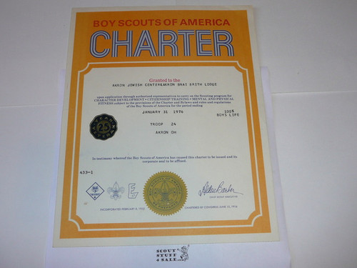 1976 Boy Scout Troop Charter, January, 25 year Veteran Troop