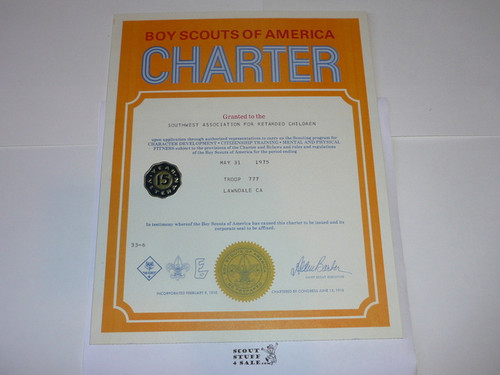 1975 Boy Scout Troop Charter, May, 15 year Veteran Troop