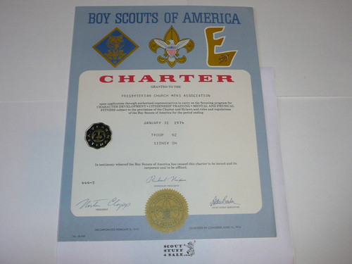 1974 Boy Scout Troop Charter, January, 25 year Veteran Troop
