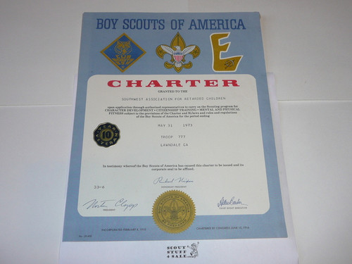 1973 Boy Scout Troop Charter, May, 10 year Veteran Troop