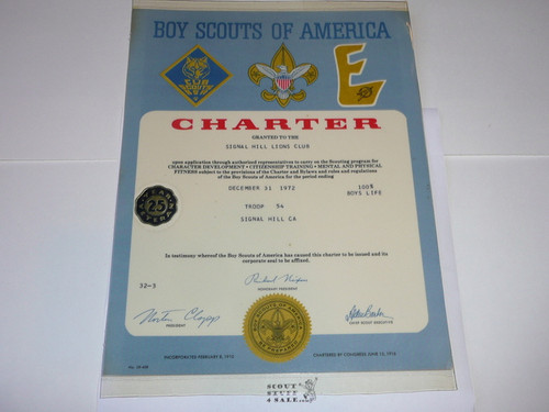 1972 Boy Scout Troop Charter, December, 25 year Veteran Troop