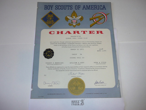 1971 Boy Scout Troop Charter, March, 20 year Veteran Troop