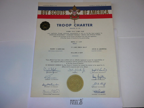 1968 Boy Scout Troop Charter, March, 20 year Veteran Troop