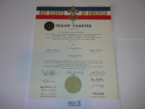 1967 Boy Scout Troop Charter, May, 25 year Veteran Troop