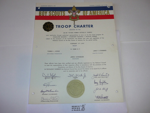 1966 Boy Scout Troop Charter, February, 45 year Veteran Troop