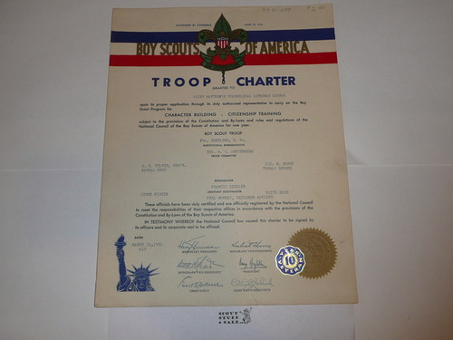 1950 Boy Scout Troop Charter, March, 10 year Veteran Troop