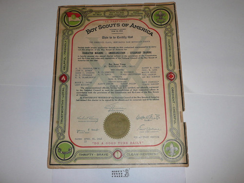 1946 Boy Scout Troop Charter, April, 25 year Veteran Troop