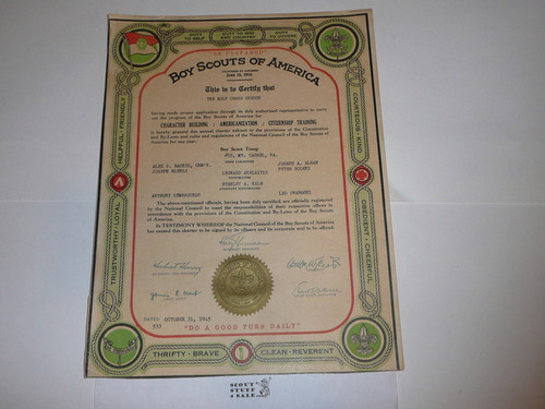 1945 Boy Scout Troop Charter, October