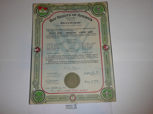 1943 Boy Scout Troop Charter, February, 25 year Veteran Troop