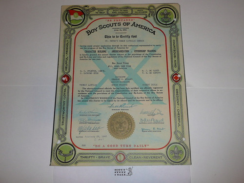 1940 Boy Scout Troop Charter, February, 20 year Veteran Troop
