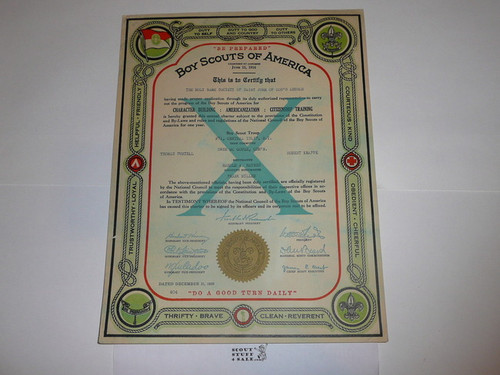 1939 Boy Scout Troop Charter, December, 10 year Veteran Troop