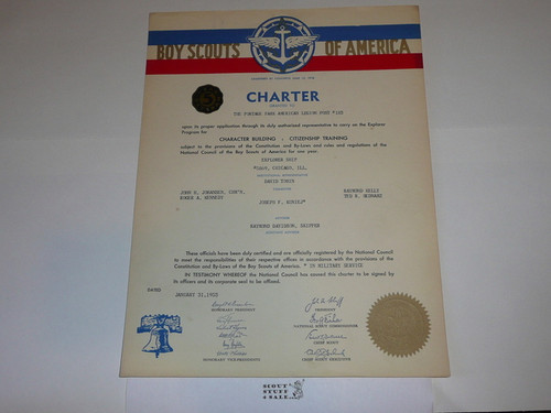 1953 Sea Scout Ship Charter, February, 5 year Veteran Ship Sticker