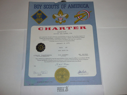 1971 Cub Scout Pack Charter, January, 15 year veteran sticker