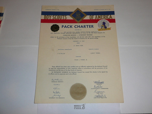1958 Cub Scout Pack Charter, February, 20 year veteran sticker