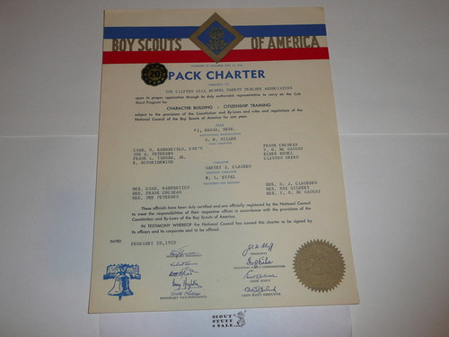 1953 Cub Scout Pack Charter, February, 20 year veteran sticker