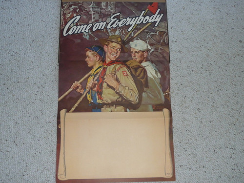 1940's Norman Rockwell Poster Of Cub Scout, Boy Scout, and Sea Scout Used For Publicity Titled "Come on Everybody", 28"x16", Folded Twice but in Excellent Condition, Partially Affixed to Scrapbook Paper