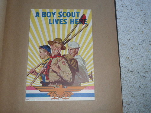 1940's Norman Rockwell Picture Cub Scout, Boy Scout, and Sea Scout  Titled "A Boy Scout Lives Here", 6.5"x9.5" On Cardstock, Excellent Condition, Affixed to Scrapbook Paper