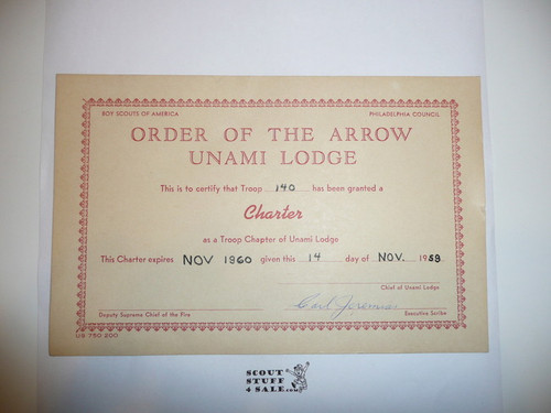 1959 Unami Lodge #1 Troop Charter Certificate