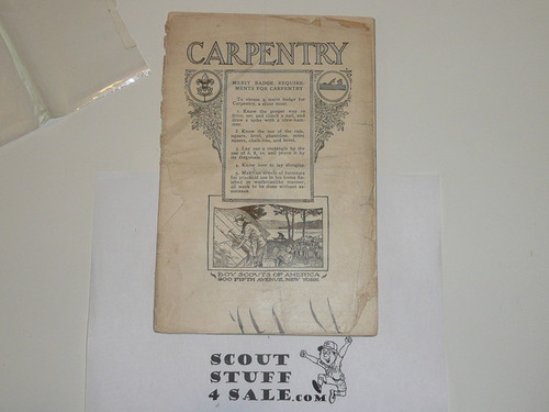 1924 Carpentry Merit Badge Pamphlet, Type 2, White Cover, Covers Separated, Worn