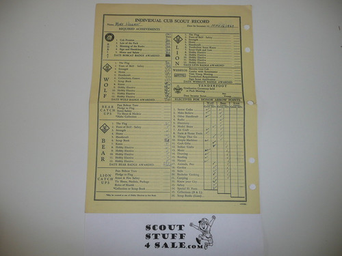 1946 Individual Cub Scout Record Sheet, 4-46 Printing