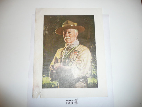 1940's 7.5x9.5 Color Print of Baden Powell On Canvas Like Cardstock, a Little Damage at Lower Left