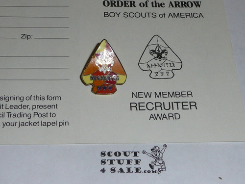 Western Region Order of the Arrow New Member Recruiting Award Record Card & Award Pin