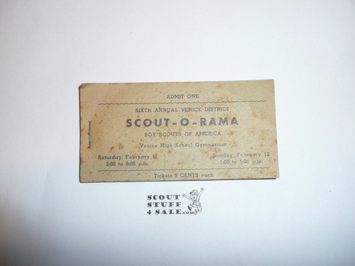 Crescent Bay Area Council, 1950 Venice District Scout-O-Rama Book of Ten Tickets, Top One Spotted an Shown in Picture, Other 9 Perfect