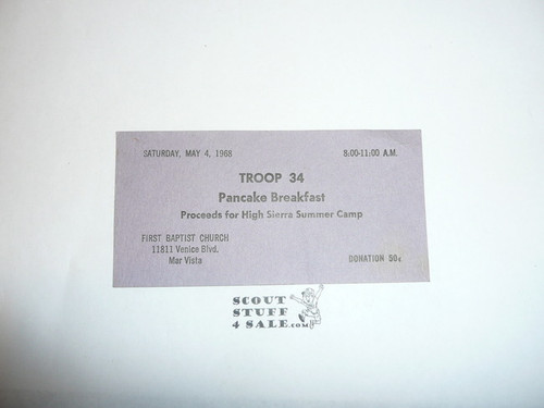 Crescent Bay Area Council, 1968 Troop 34 Pancake Breakfast Ticket