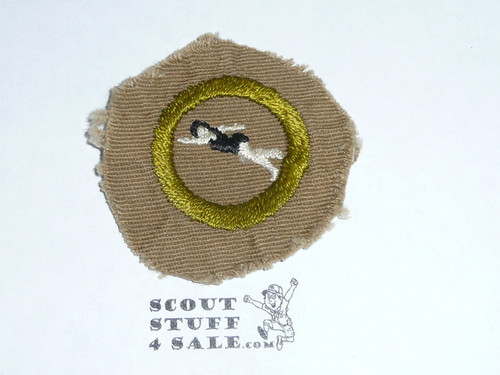 Swimming - Type A - Square Tan Merit Badge (1911-1933), Material trimmed and badge used