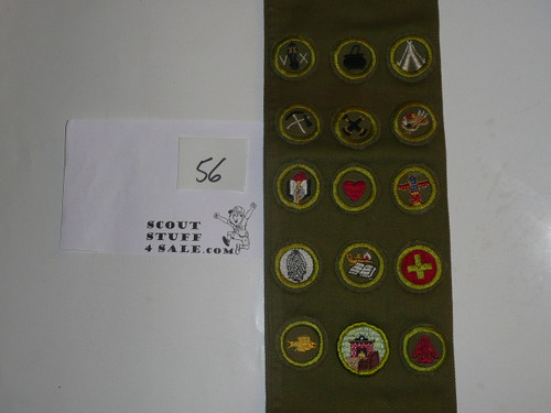 1950's Boy Scout Merit Badge Sash with 14 Khaki Crimped & 1 r/e Merit badges, #56