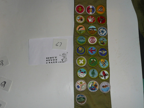 1970's Boy Scout Merit Badge Sash with 25 rolled edge Merit badges, #67