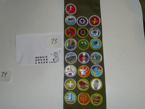 1990's Boy Scout Merit Badge Sash with 22 rolled edge Merit badges, #73