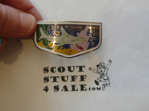 Order of the Arrow Lodge #566 Malibu early 1970's White bdr Flap Shaped Metal Neckerchief Slide