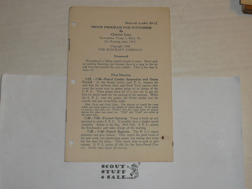 1926 Troop Program for November Leaflet, By The Boycraft Company, Approved by the BSA, Leaflet BS-12, RARE