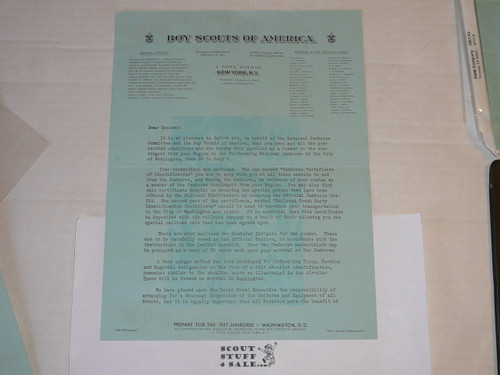 1937 Letter on Boy Scout National Headquarters Stationary From James West Notifying Scouter of appointment to Jamboree Staff WITH Insignia Guide and envelope