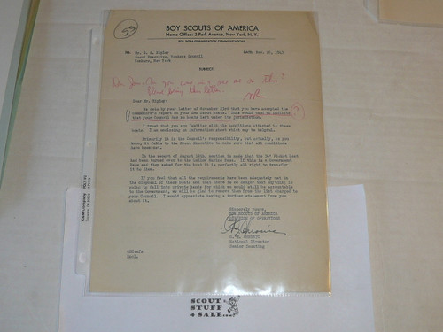 1943 Memo from GE Chronic, Director of Senior Scouting, on Official Inter-office memo letterhead, Original Signature