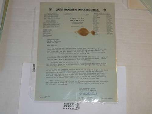 1954 Letter on Boy Scout National Headquarters Stationary from Arthur Schuck Congratulating Eagle Scout