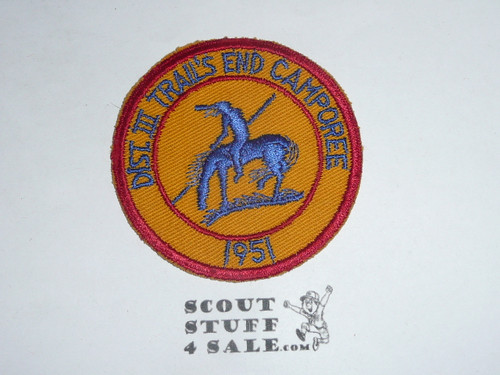 1951 Milwaukee County Council District III Trail's End Camporee Patch, c/e twill