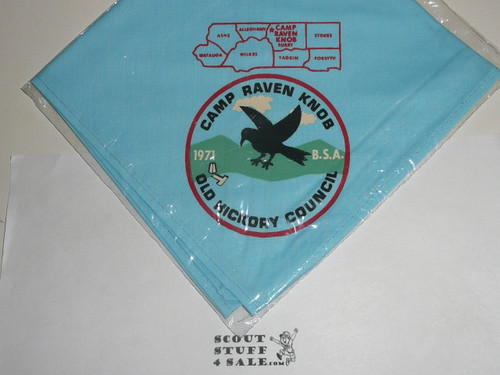 Camp Raven Knob, Old Hickory Council, 1971 Neckerchief, lt blue, mint in bag