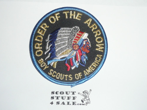 Order of the Arrow Multi color Indian Head Logo Patch, black background and blue bdr