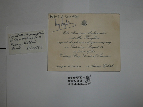 1959 World Jamboree, Invitation to US Ambassador Reception for the BSA members, signed by Ambassador