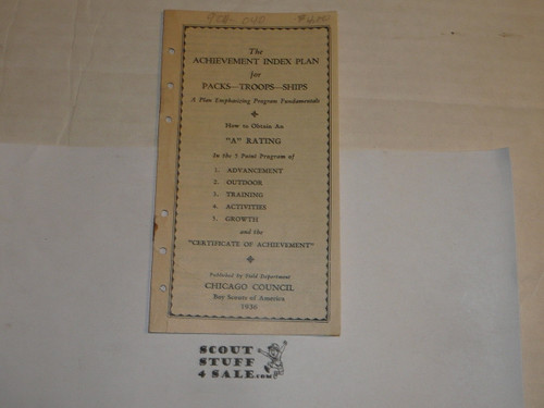 Lefax Boy Scout Fieldbook Insert, The Achievement Index Plan for Packs Troop and Ships, 1936 Chicago Council