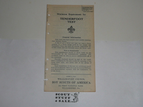 Lefax Boy Scout Fieldbook Insert, Minimum Requirements for Tenderfoot Test, 1921 Williamsport Council