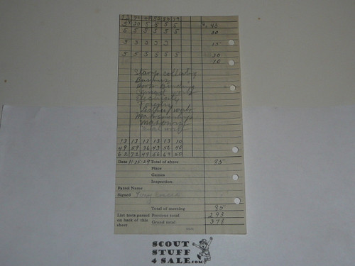 Lefax Boy Scout Fieldbook Insert, Scarce Lefax Troop meeting score sheet