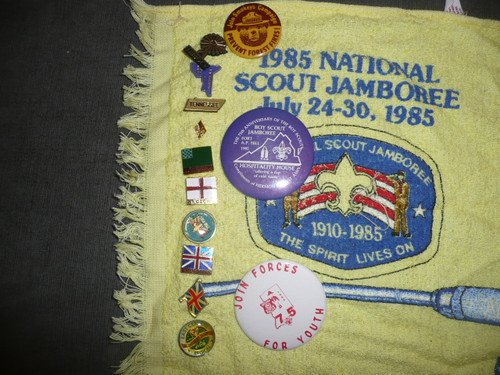 1985 National Jamboree Muskol Towel with pins and buttons from the Jamboree
