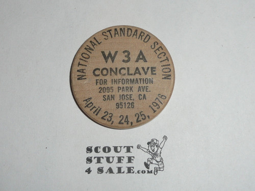 Order of the arrow W3A Conclave, 1976, San Jose CA, Boy Scout Wooden Nickel