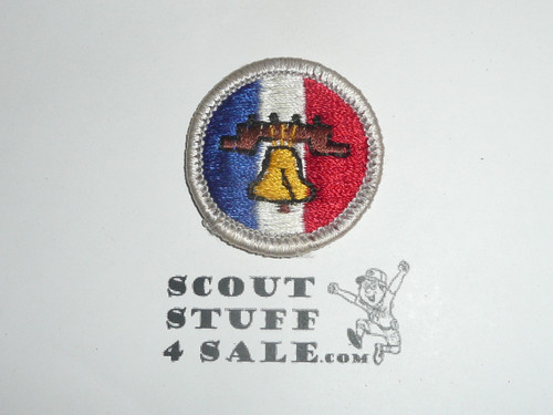 Citizenship in the Nation, Small bell w/blue,white red (Silver bdr) - Type H - Fully Embroidered Plastic Back Merit Badge (1972-2002)